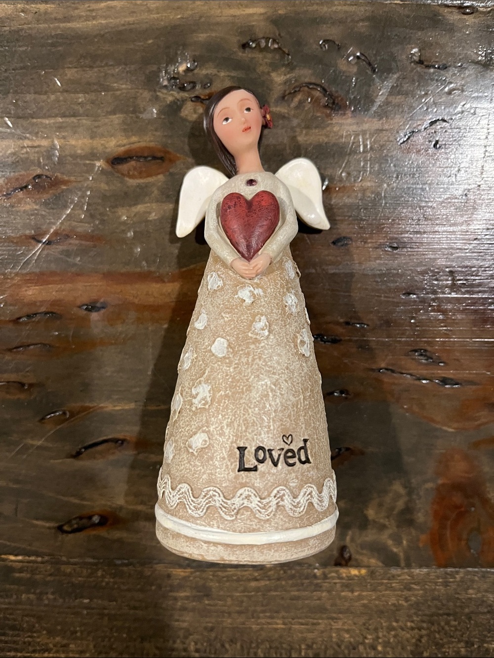 Cream February Angel Figurine Holding Red Heart with 'Loved' Sentiment.